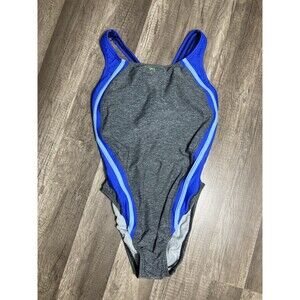 SPEEDO One Piece Swimsuit Womens 4 Gray Blue Swim Suit Razor Back Flaw
